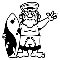 Cartoon illustration of Man wearing cap, sunglasses, and men's swim trunks, holding a surfboard while greeting, best for tattoo and coloring book with summer vacation themes