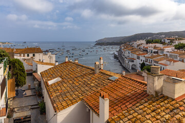Seaside town of Cadaques, Catalonia, Spain, Aerial view of Cadaques, sea view, mountains, roofs
