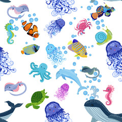 Marine life, fish, animals bright seamless pattern. sea travel, underwater diving animal tropical fish. Jellyfish, whale, shark, seahorse, clown fish, dolphin, turtle, emperor