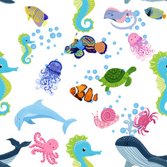 Marine life, fish, animals bright seamless pattern. sea travel, underwater diving animal tropical fish. Jellyfish, whale, shark, seahorse, clown fish, dolphin, turtle, emperor