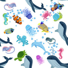 Marine life, fish, animals bright seamless pattern. sea travel, underwater diving animal tropical fish. Jellyfish, whale, shark, seahorse, clown fish, dolphin, turtle, emperor