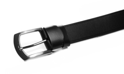 Black new leather belt, strap with metal buckle isolated on white, clipping path  