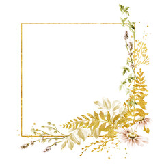 Wild  grasses and wildflowers  frame . Summer  rural  composition,  bouquet,  decor  concept.  Hand  drawn watercolor  illustration  isolated on white background