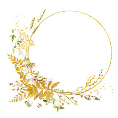 Wild  grasses and wildflowers  frame . Summer  rural  composition,  bouquet,  decor  concept.  Hand  drawn watercolor  illustration isolated on white background