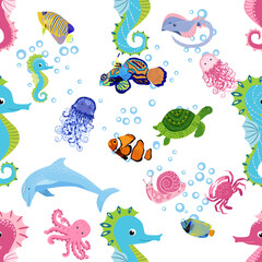 Obraz premium Marine life, fish, animals bright seamless pattern. sea travel, underwater diving animal tropical fish. Jellyfish, whale, shark, seahorse, clown fish, dolphin, turtle, emperor