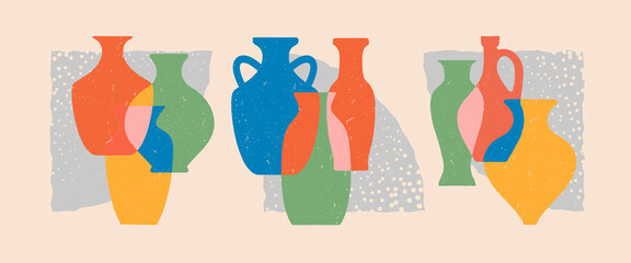 Ceramic vases. Different shapes colored layered silhouettes. Antique ancient ceramics. Vector illustrations.