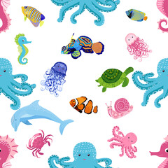 Marine life, fish, animals bright seamless pattern. sea travel, underwater diving animal tropical fish. Jellyfish, whale, shark, seahorse, clown fish, dolphin, turtle, emperor