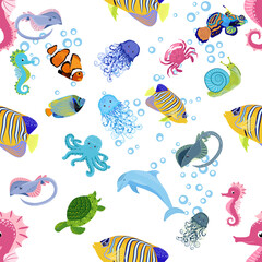 Marine life, fish, animals bright seamless pattern. sea travel, underwater diving animal tropical fish. Jellyfish, whale, shark, seahorse, clown fish, dolphin, turtle, emperor