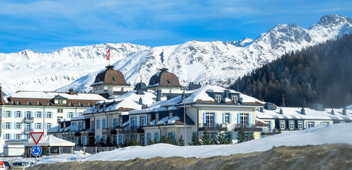 Scenic view of winter sports area St. Moritz with snow covered mountains, Switzerland
