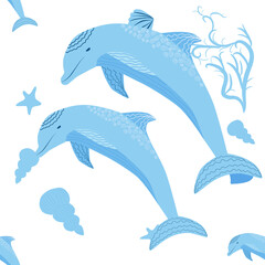 Dolphin, sea inhabitants seamless pattern, beautiful character among seashells, algae, starfish, marine wildlife