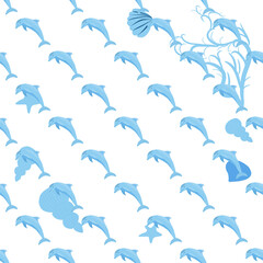 Dolphin, sea inhabitants seamless pattern, beautiful character among seashells, algae, starfish, marine wildlife