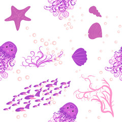 Obraz na płótnie Canvas Jellyfish, fish, animals bright seamless patterns. Sea travel, snorkeling with animals, tropical fish.