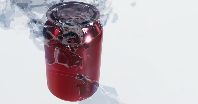 three-dimensional animation splash pure and transparent water running around red soda can