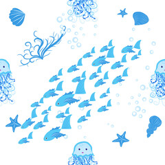 Jellyfish, fish, animals bright seamless patterns. Sea travel, snorkeling with animals, tropical fish.