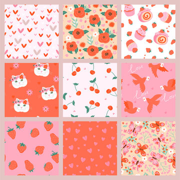 Set of cute kawaii seamless valentine's day patterns. Vector graphics.