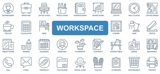 Workspace concept simple line icons set. Pack outline pictograms of businessman, briefcase, office, email, book, laptop, coffee, calculator and other. Vector symbols for website and mobile app design