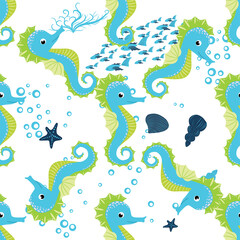 Seahorse, sea inhabitants seamless pattern, beautiful character among seashells, seaweed, starfish, marine