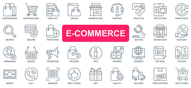 E-commerce concept simple line icons set. Pack outline pictograms of shopping, online, marketplace, support, price tag, auction, discount and other. Vector symbols for website and mobile app design
