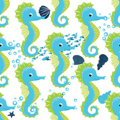 Seahorse, sea inhabitants seamless pattern, beautiful character among seashells, seaweed, starfish, marine