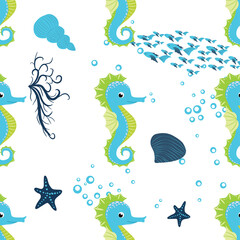 Seahorse, sea inhabitants seamless pattern, beautiful character among seashells, seaweed, starfish, marine
