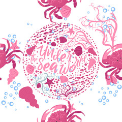 Crab marine life, fish, animals bright seamless patterns. sea travel, snorkeling with animals, tropical fish.