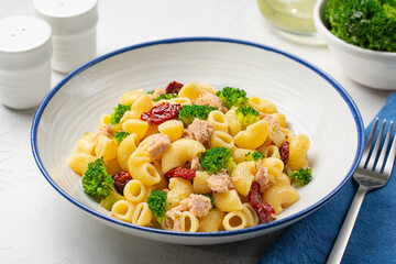 Close up of pasta salad with tuna fish, broccoli, and dried tomatoes.