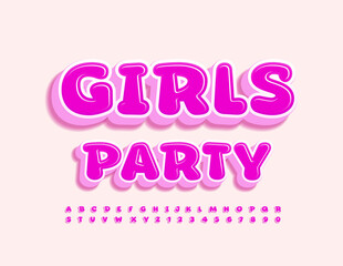 Vector bright Emblem Girls Party.  Cute Pink 3D Font. Creative Alphabet Letters and Numbers set. 