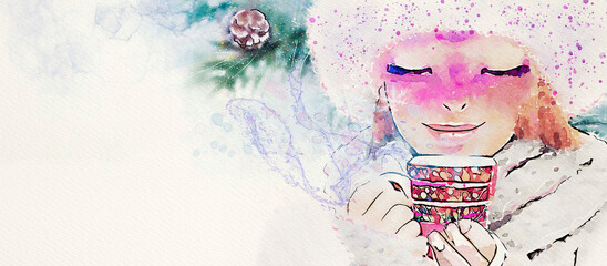  Girl with cup of hot tea, watercolor banner. Design element.