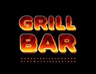 Vector hot business logo Grill Bar. Flaming 3D Font. Alphabet Letters and Numbers set with Fire pattern