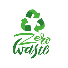 Zero waste handwritten text with green recycling sign isolated on white background. Zero landfill concept illustration in flat hand drawn style.