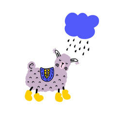 Hand drawn llama in yellow boots walking in the rain. Perfect for T-shirt, greeting card and print. Doodle vector illustration for decor and design.
