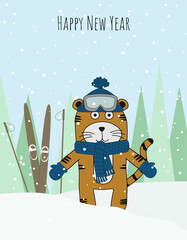 tiger in a hat and scarf with skis on the background of snow and Christmas trees