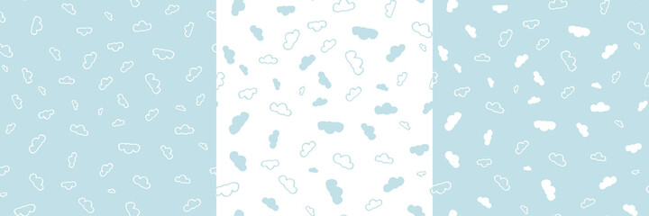 Cute cloud seamless pattern set for newborn babies non-directional textile print. Hand-drawn vector design for bedding or clothing.