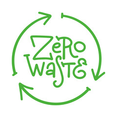 Zero waste lettring text in arrow circle. Handwritten quote, motivational line calligraphy inscription. Isolated typography print for card, poster, banner. Linear vector illustration.