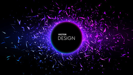 Futuristic explosion with glowing sharp debris or broken glass. Abstract background with colorful triangular fragments with place for your text. Vector background