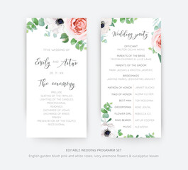 Editable floral vector wedding and ceremony program card set. Beautiful template design with watercolor illustration of pink garden roses, ivory anemone flowers, green eucalyptus branches wreath frame