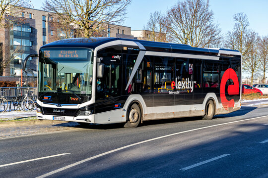 HENSTEDT-ULZBURG, GERMANY - DECEMBER 25, 2021: VHH MAN Lion’s City 12E electric bus. Verkehrsbetriebe Hamburg-Holstein GmbH (VHH) is the second largest bus transport company in Northern Germany.