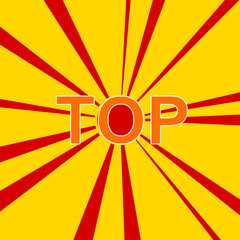 Top symbol on a background of red flash explosion radial lines. The large orange symbol is located in the center of the sun, symbolizing the sunrise. Vector illustration on yellow background