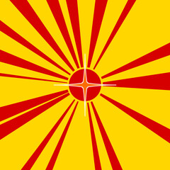 Abstract star symbol on a background of red flash explosion radial lines. The large orange symbol is located in the center of the sun, symbolizing the sunrise. Vector illustration on yellow background