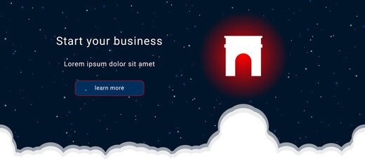 Business startup concept Landing page screen. The arch symbol on the right is highlighted in bright red. Vector illustration on dark blue background with stars and curly clouds from below