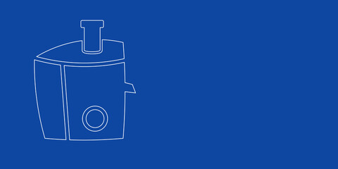 A large white outline juicer symbol on the left. Designed as thin white lines. Vector illustration on blue background
