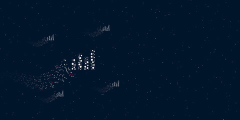A chart line symbol filled with dots flies through the stars leaving a trail behind. There are four small symbols around. Vector illustration on dark blue background with stars