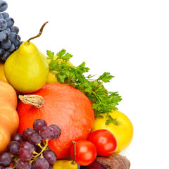 Vegetables and fruits isolated on a white background. Free space for text.