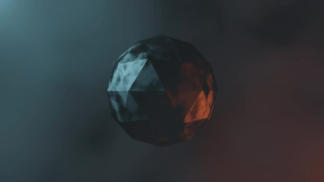 Hard surface metal sphere rotation, seamless loop animation with fog or smoke, 3d render