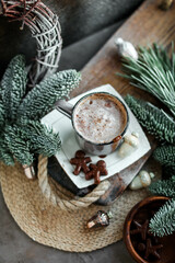 Hot cocoa drink with fluffy milk froth in a vintage mug. Warm Christmas drinks with chocolates
