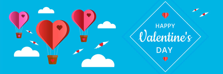 Valentine's day background with heart shaped balloons and hearts with wings. Modern stylish design with paper hearts.  Template vector illustration. Valentine's day greeting card