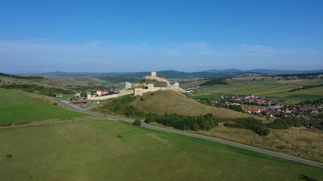 Famous Rupea fortress in Brasov, Romania, drone shot. Medieval fortified church citadel in Transylvania.