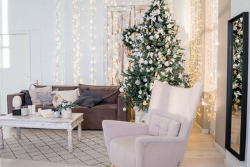 Christmas morning interior with christmas tree scandinavian loft. White and gold balls on the Christmas tree.