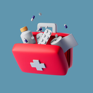 Simple open red first aid kit with with medicines for drugstore category 3d render illustration.