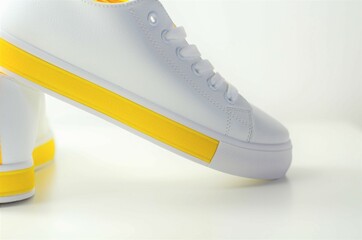 White sneakers with yellow accents, classic sports shoes - 477181190